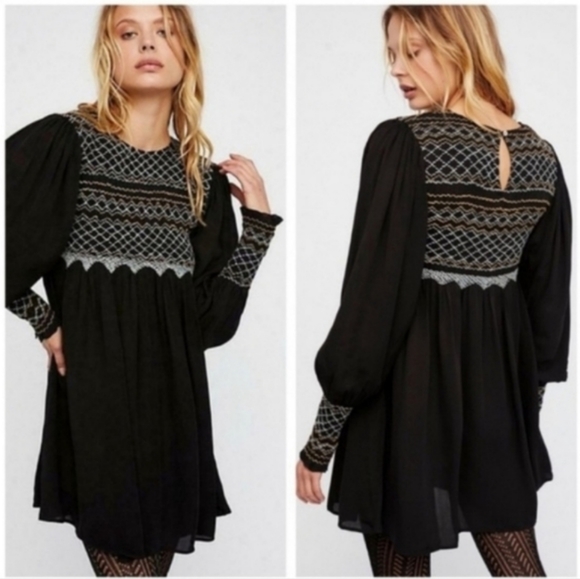 🆕 Free People Long Sleeve Black Dress. Smocked & Embroidery Detailed. NWT - Picture 5 of 15